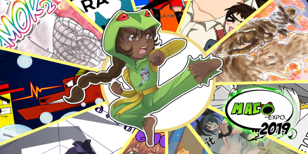 Imagen promocional de la MaCo Expo 2019, exposición de cómics dominicanos. En esta apreciamos a la mascota del evento, Maca-Chan, guardiana de la Experiencia MaCo Expo.
